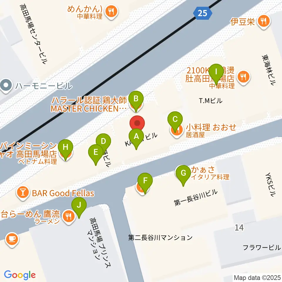 高田馬場フェリーハ音楽教室周辺のファミレス・ファーストフード一覧地図