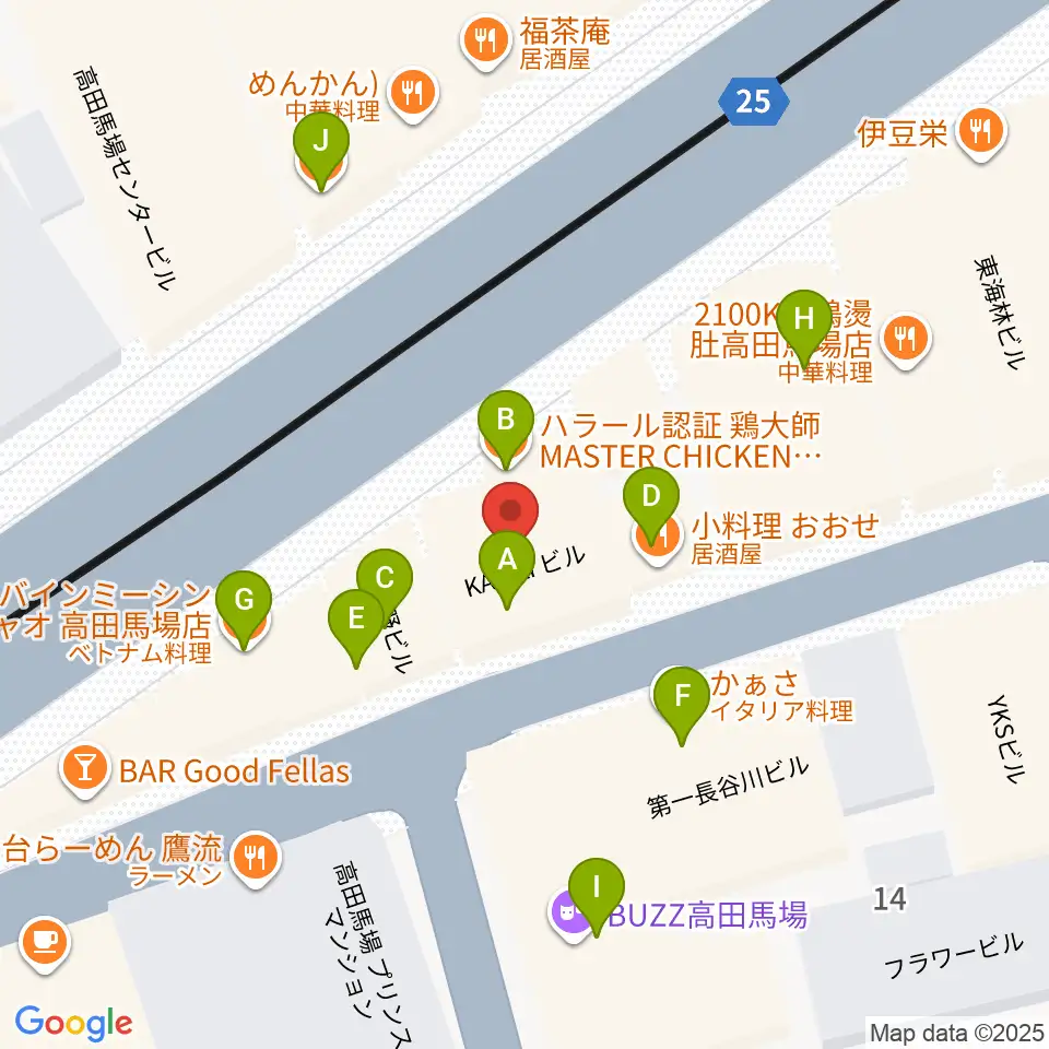 高田馬場フェリーハ音楽教室周辺のファミレス・ファーストフード一覧地図