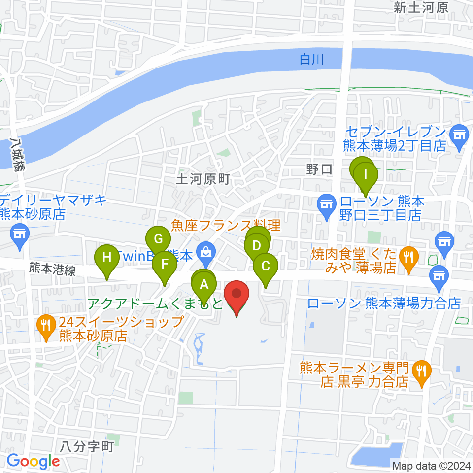 アクアドームくまもと周辺のファミレス・ファーストフード一覧地図