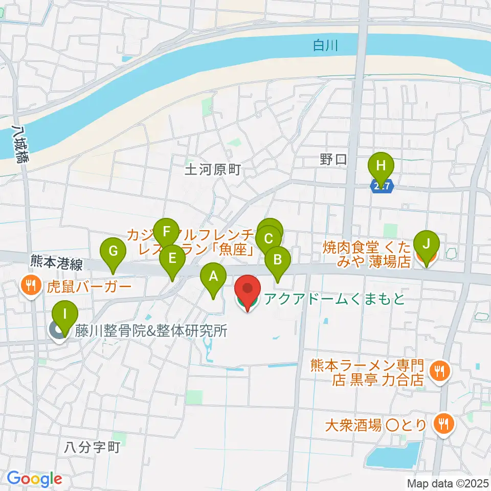 アクアドームくまもと周辺のファミレス・ファーストフード一覧地図