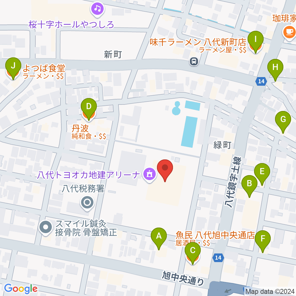 八代トヨオカ地建アリーナ周辺のファミレス・ファーストフード一覧地図