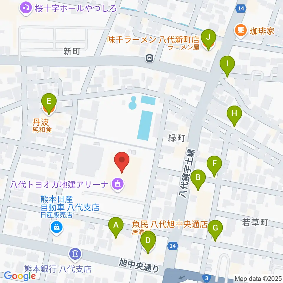 八代トヨオカ地建アリーナ周辺のファミレス・ファーストフード一覧地図