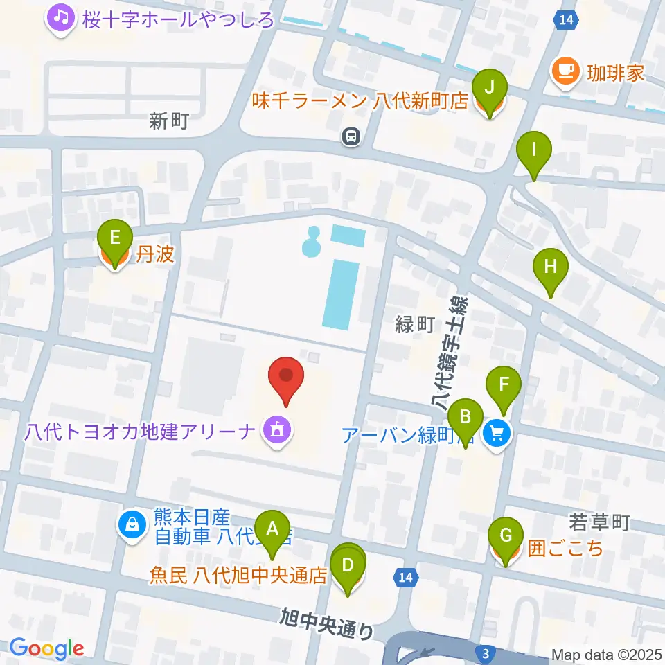 八代トヨオカ地建アリーナ周辺のファミレス・ファーストフード一覧地図