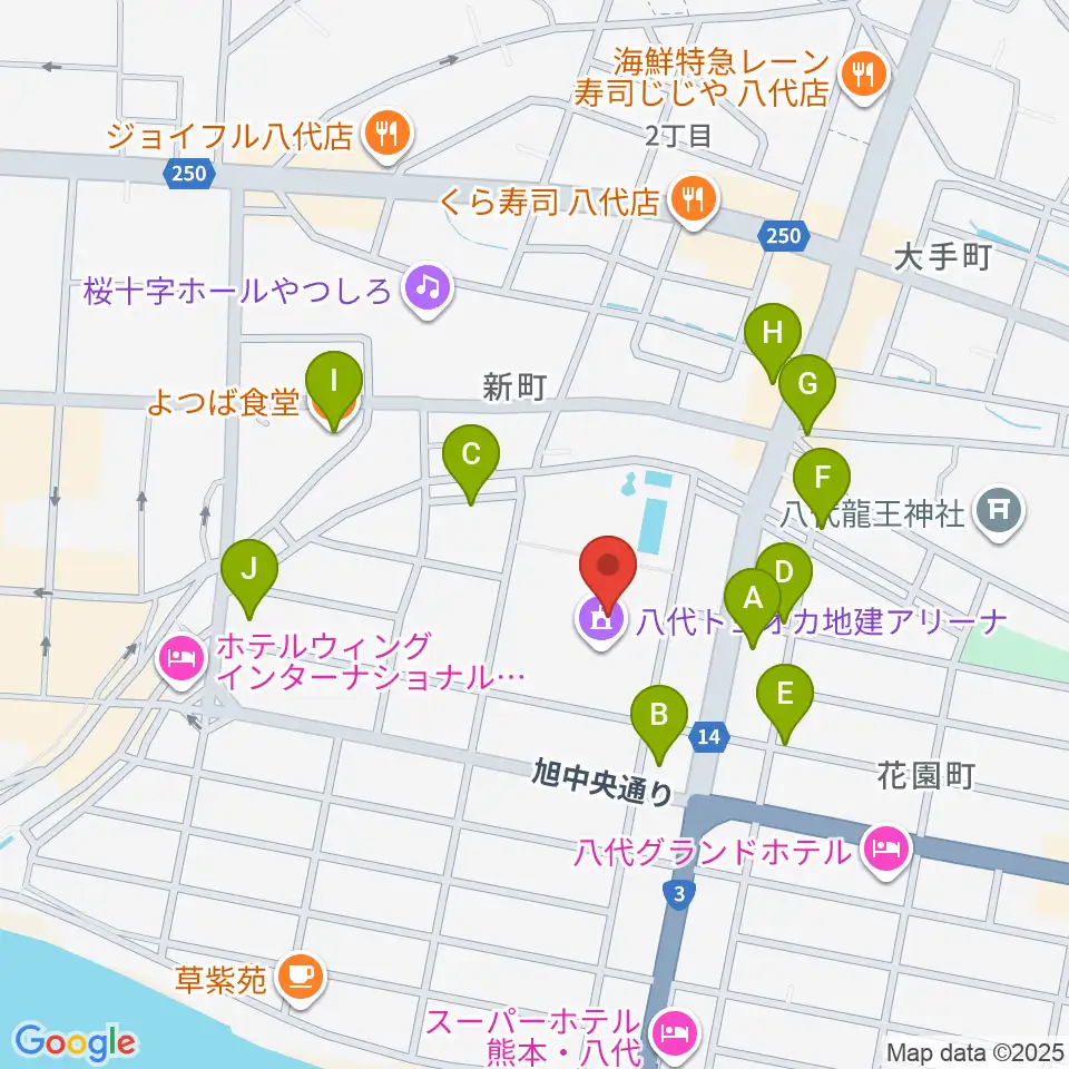八代トヨオカ地建アリーナ周辺のファミレス・ファーストフード一覧地図