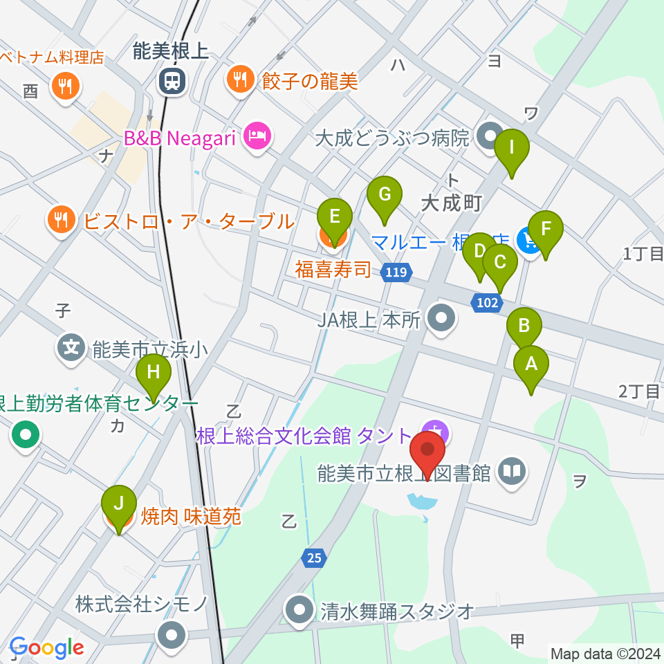 根上総合文化会館タント周辺のファミレス・ファーストフード一覧地図