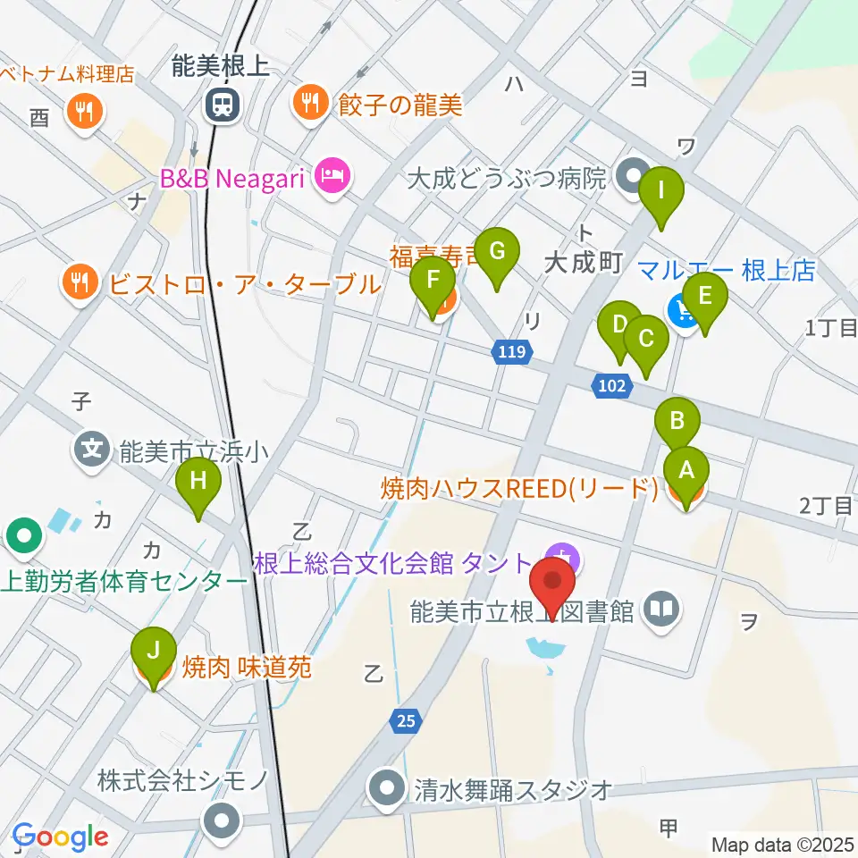 根上総合文化会館タント周辺のファミレス・ファーストフード一覧地図