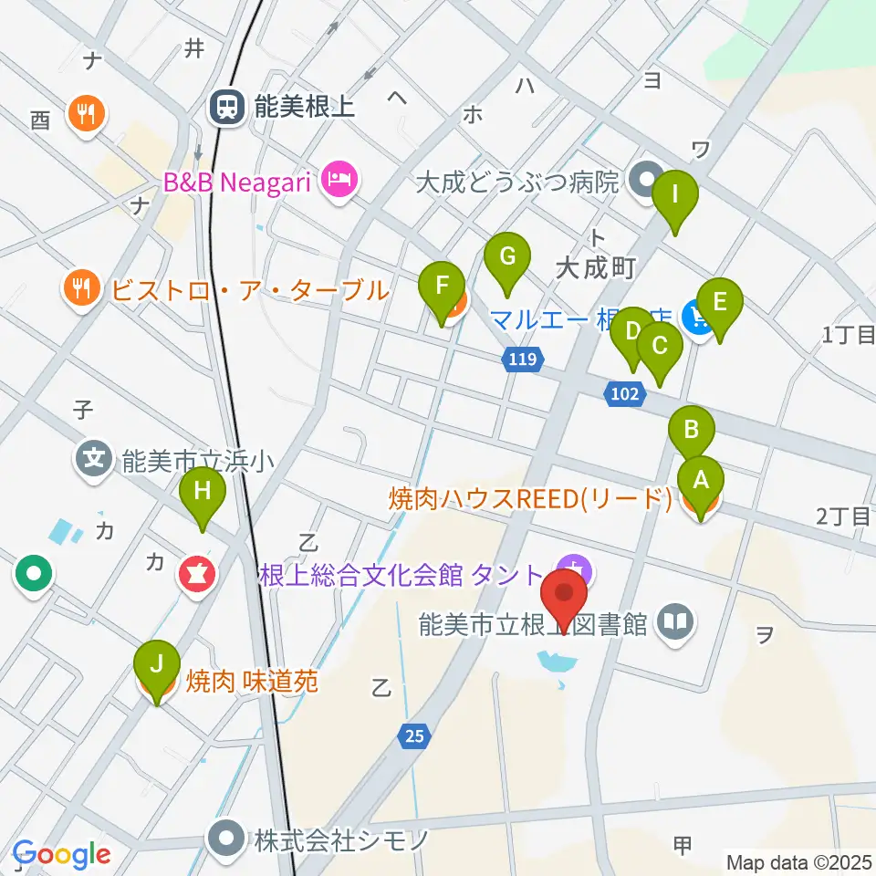 根上総合文化会館タント周辺のファミレス・ファーストフード一覧地図