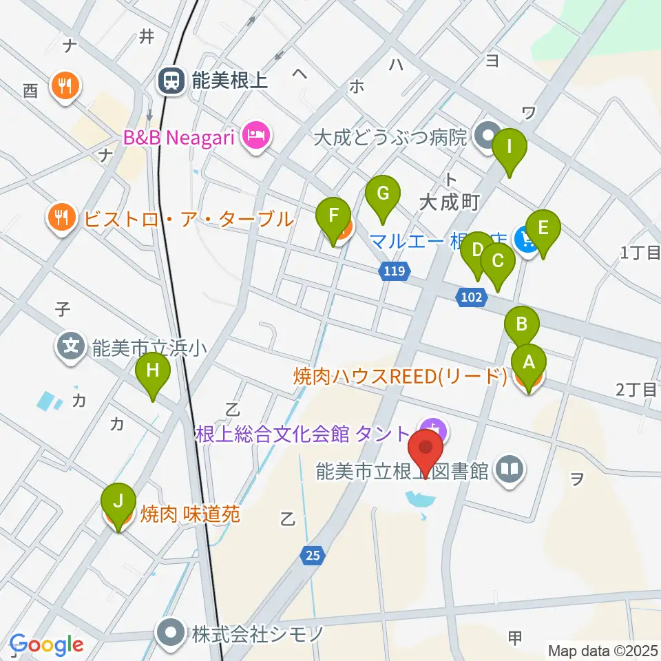 根上総合文化会館タント周辺のファミレス・ファーストフード一覧地図
