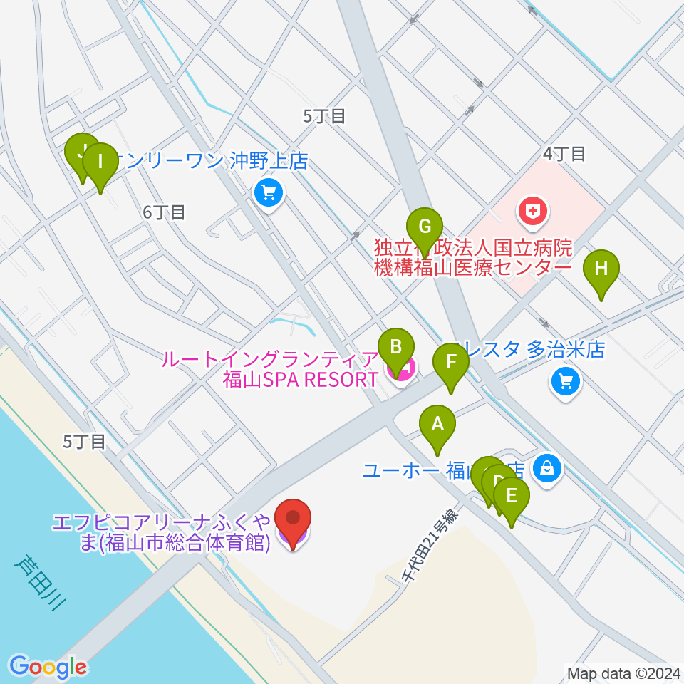 エフピコアリーナふくやま周辺のファミレス・ファーストフード一覧地図