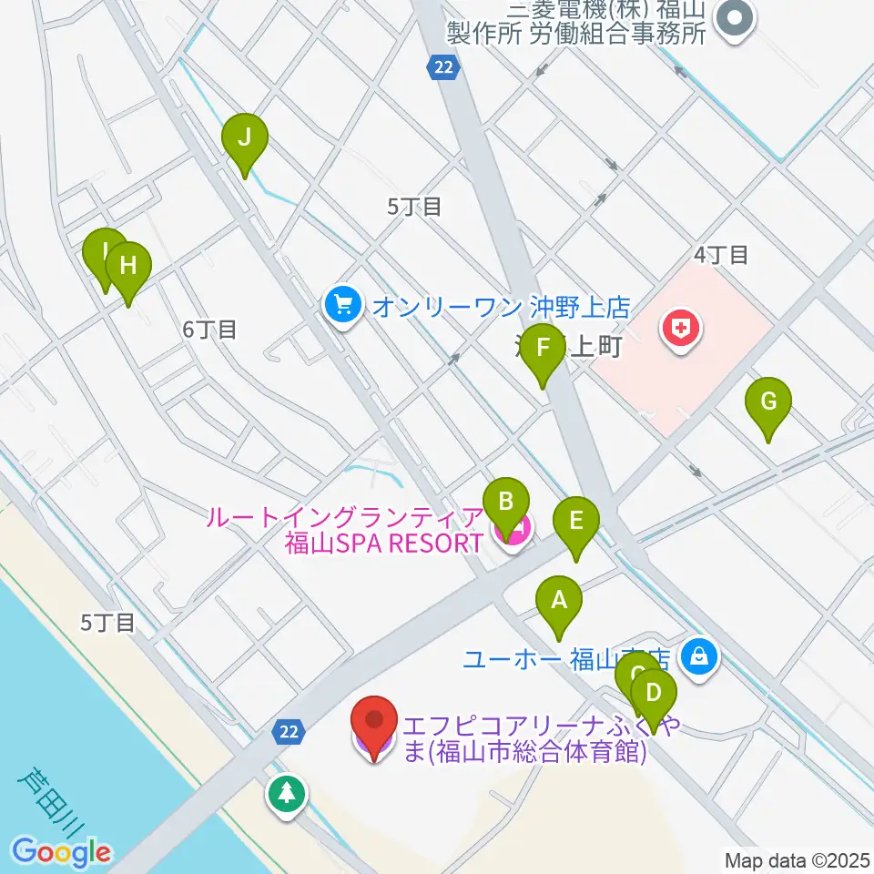 エフピコアリーナふくやま周辺のファミレス・ファーストフード一覧地図