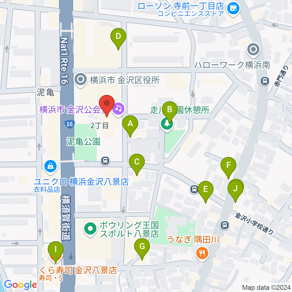 横浜市金沢公会堂周辺のファミレス・ファーストフード一覧地図