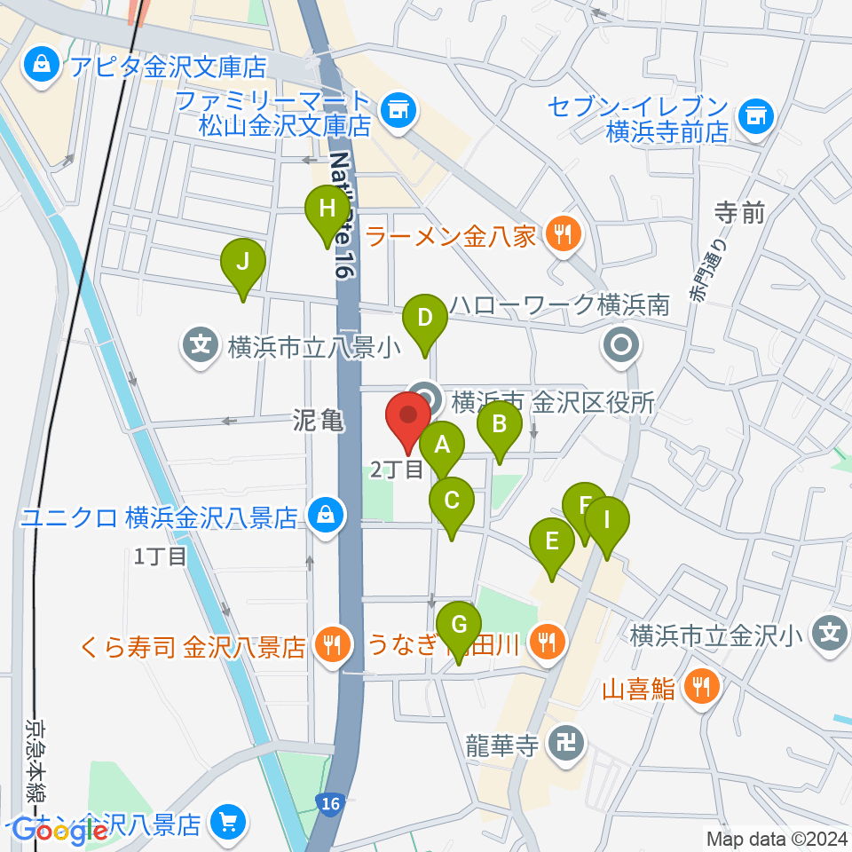 横浜市金沢公会堂周辺のファミレス・ファーストフード一覧地図