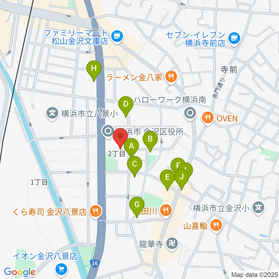 横浜市金沢公会堂周辺のファミレス・ファーストフード一覧地図