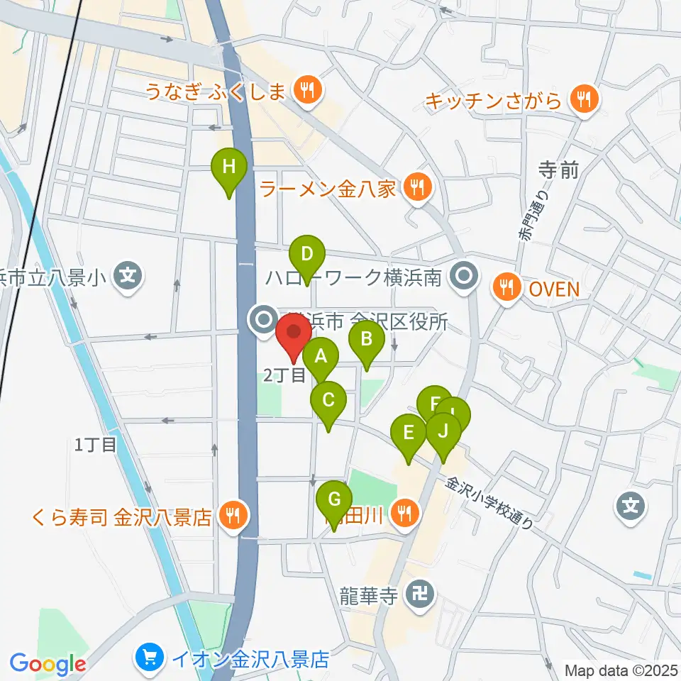 横浜市金沢公会堂周辺のファミレス・ファーストフード一覧地図