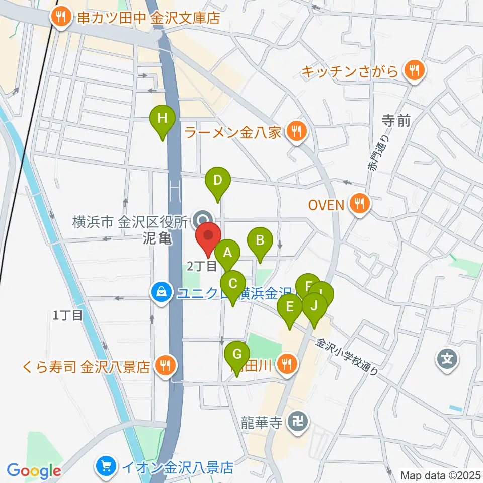 横浜市金沢公会堂周辺のファミレス・ファーストフード一覧地図