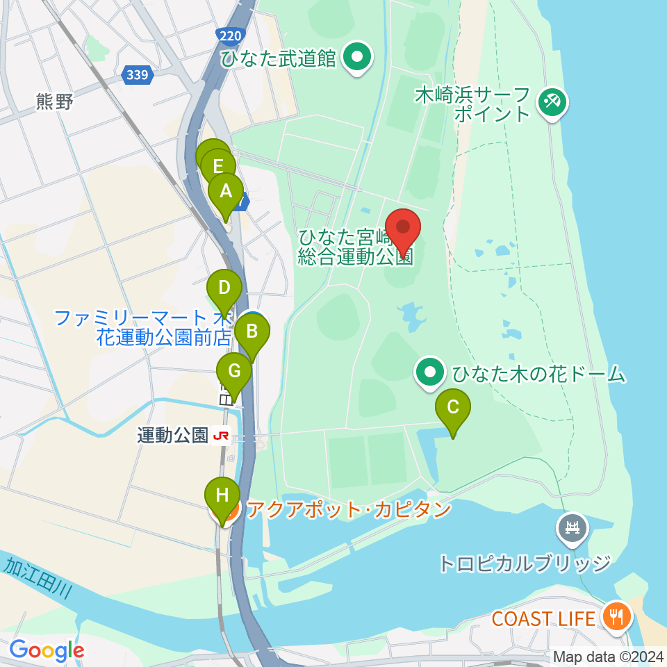 ひなた陸上競技場周辺のファミレス・ファーストフード一覧地図