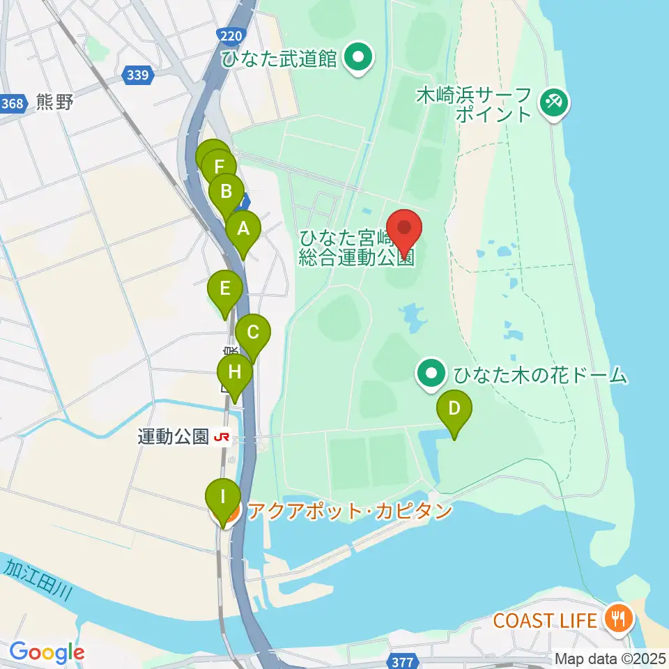 ひなた陸上競技場周辺のファミレス・ファーストフード一覧地図