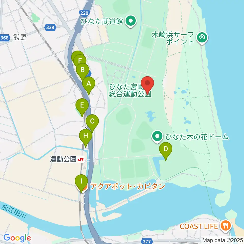 ひなた陸上競技場周辺のファミレス・ファーストフード一覧地図