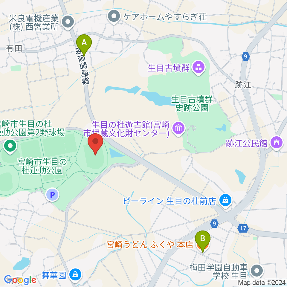 生目の杜運動公園陸上競技場周辺のファミレス・ファーストフード一覧地図