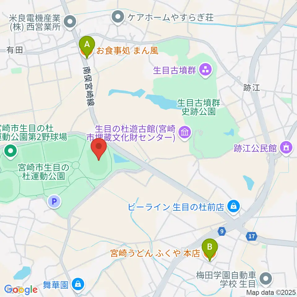 生目の杜運動公園陸上競技場周辺のファミレス・ファーストフード一覧地図