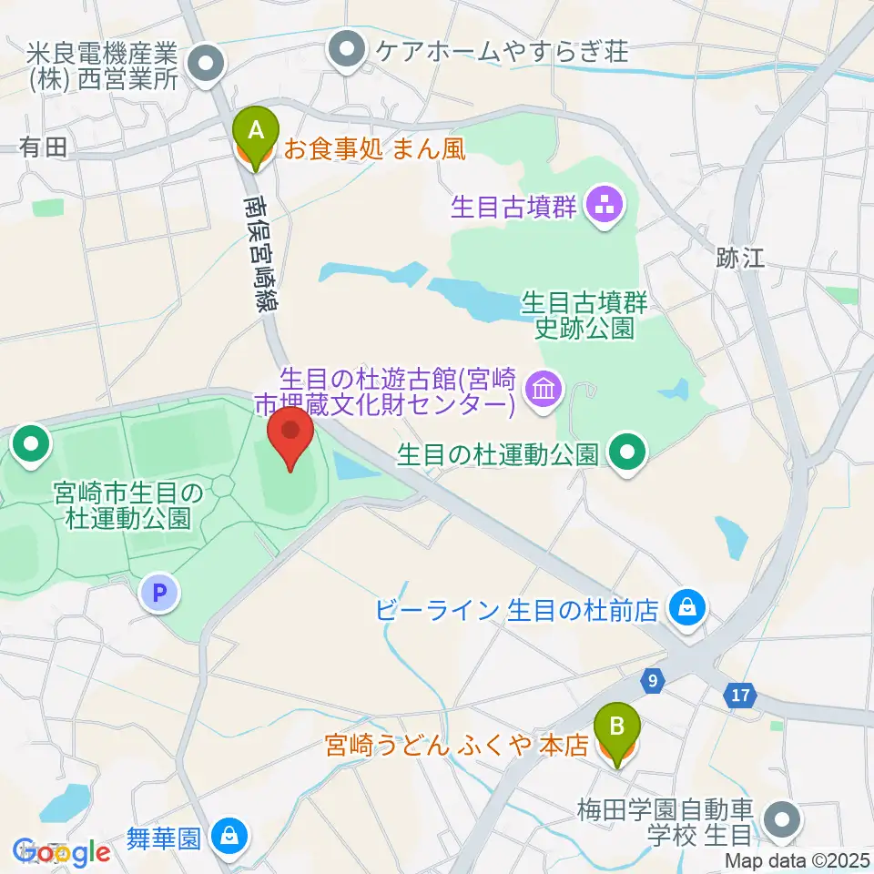 生目の杜運動公園陸上競技場周辺のファミレス・ファーストフード一覧地図