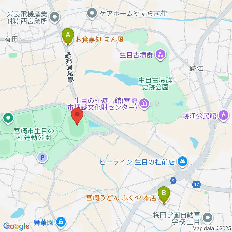 生目の杜運動公園陸上競技場周辺のファミレス・ファーストフード一覧地図