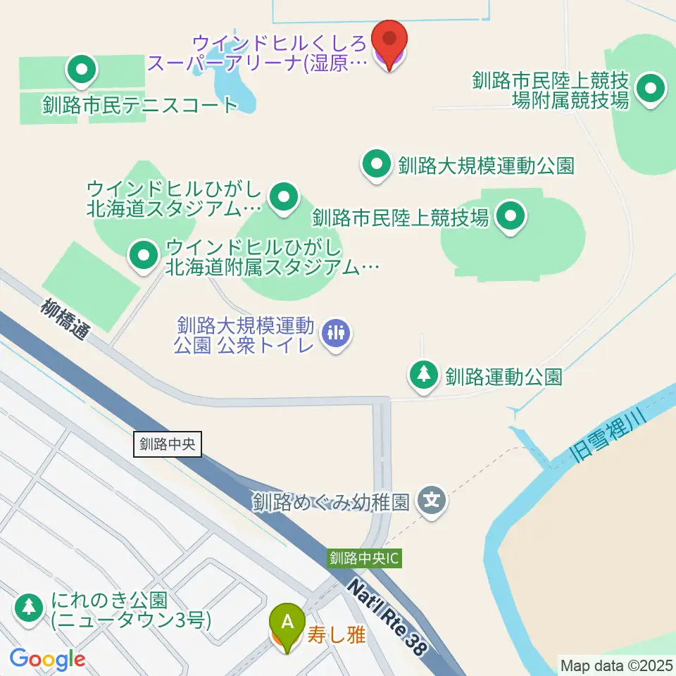 ウインドヒルくしろスーパーアリーナ周辺のファミレス・ファーストフード一覧地図