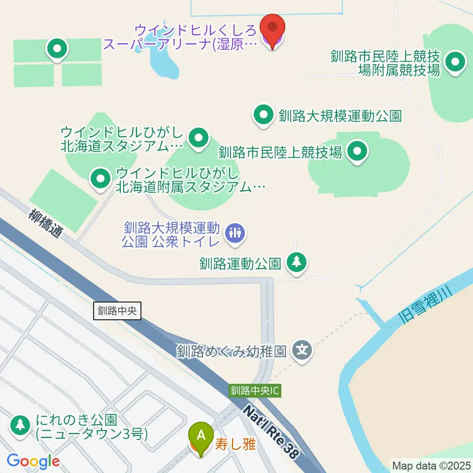 ウインドヒルくしろスーパーアリーナ周辺のファミレス・ファーストフード一覧地図
