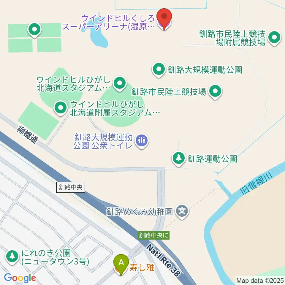 ウインドヒルくしろスーパーアリーナ周辺のファミレス・ファーストフード一覧地図