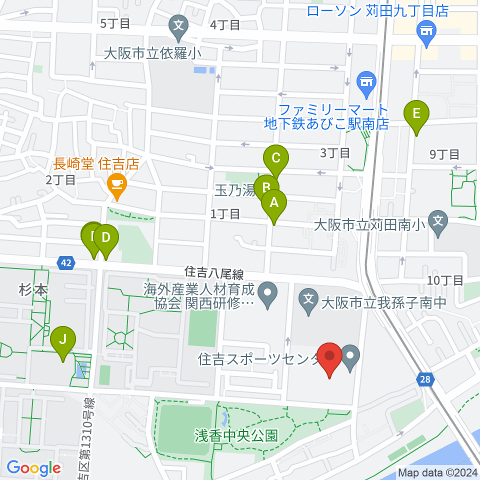 大阪市立住吉スポーツセンター・屋内プール周辺のファミレス・ファーストフード一覧地図