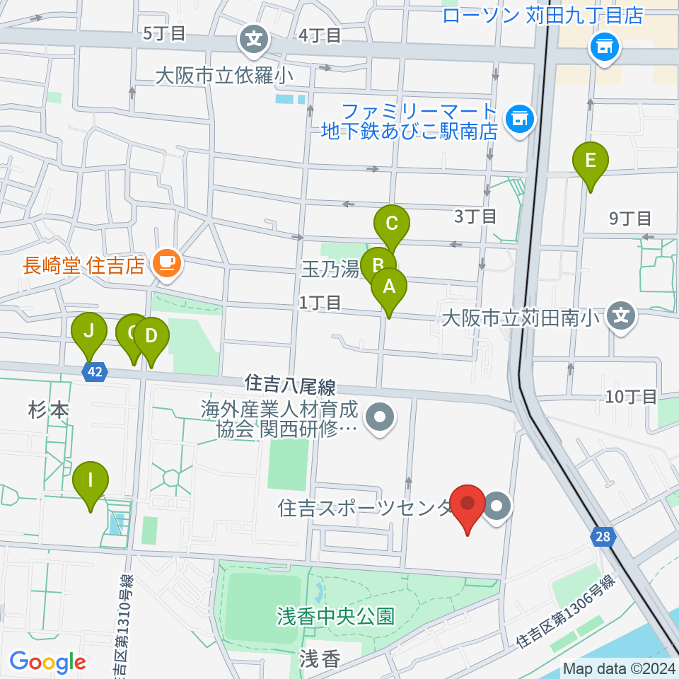 大阪市立住吉スポーツセンター・屋内プール周辺のファミレス・ファーストフード一覧地図