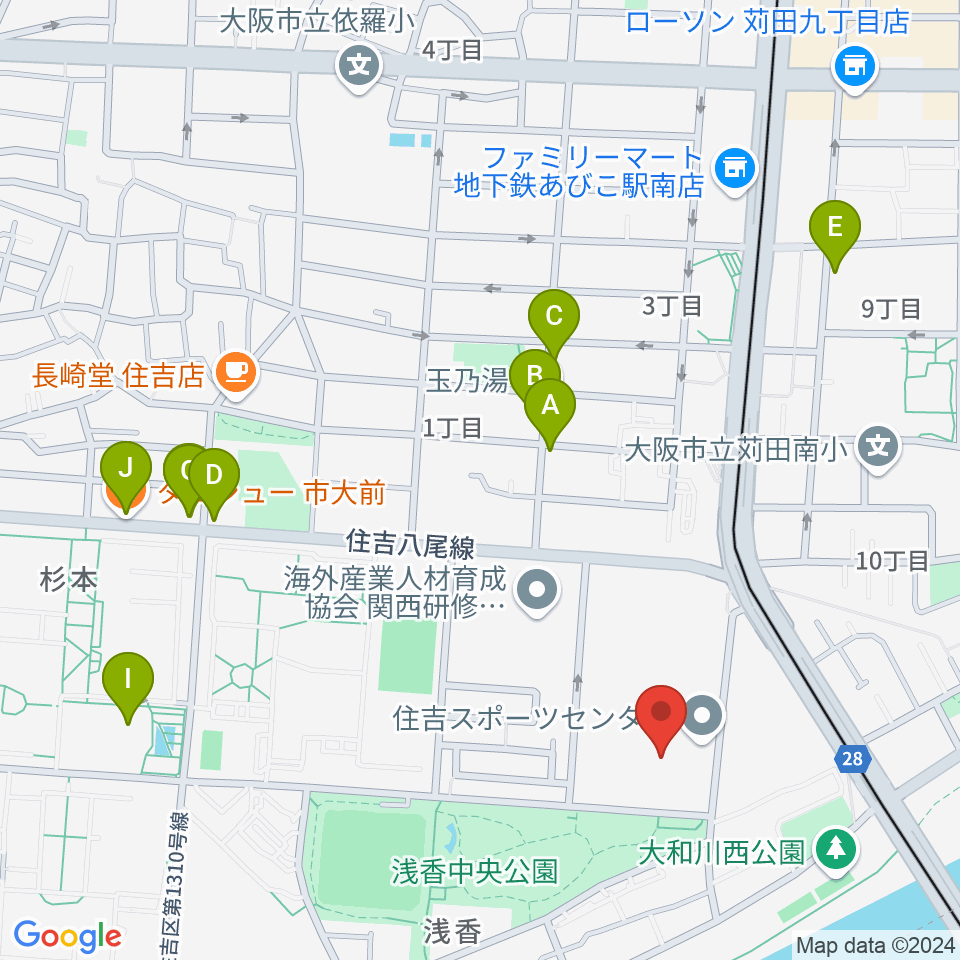 大阪市立住吉スポーツセンター・屋内プール周辺のファミレス・ファーストフード一覧地図