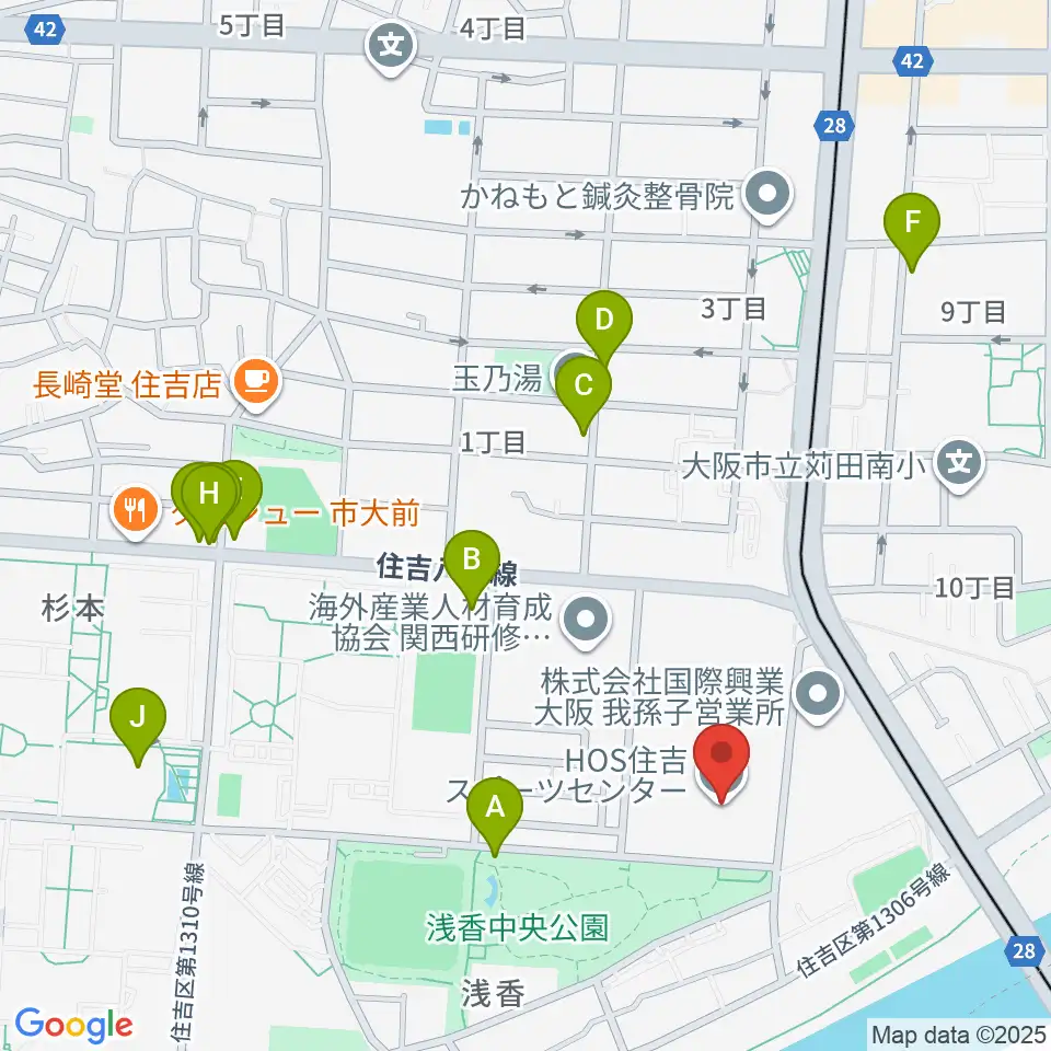 大阪市立住吉スポーツセンター・屋内プール周辺のファミレス・ファーストフード一覧地図