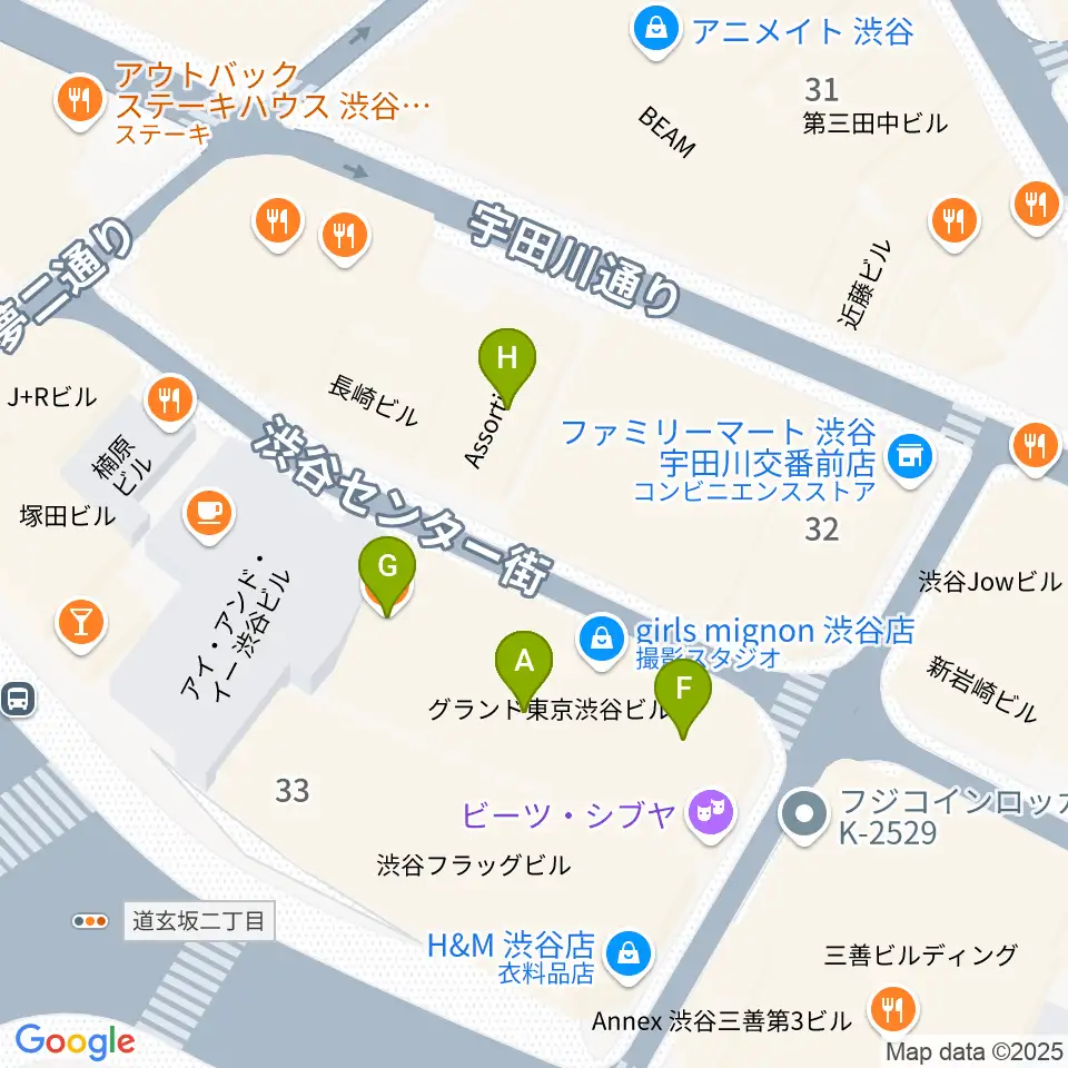 ビーツ渋谷周辺のファミレス・ファーストフード一覧地図
