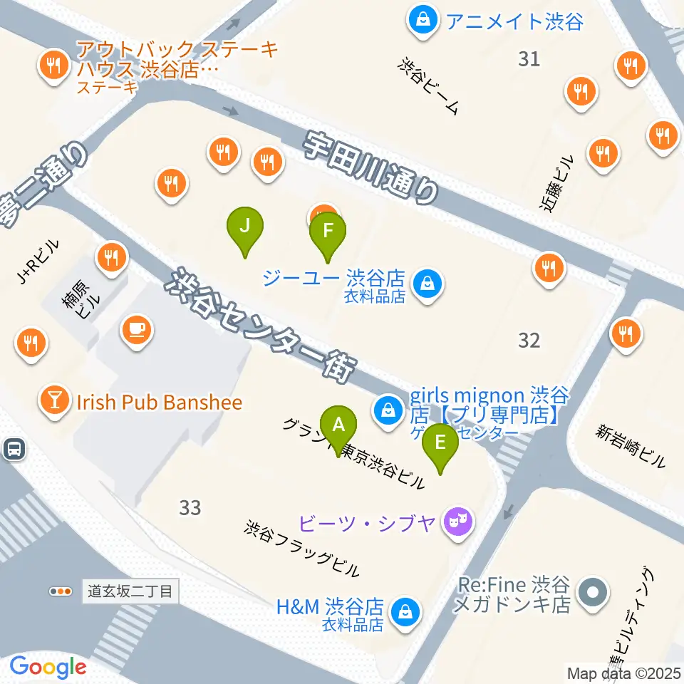 ビーツ渋谷周辺のファミレス・ファーストフード一覧地図