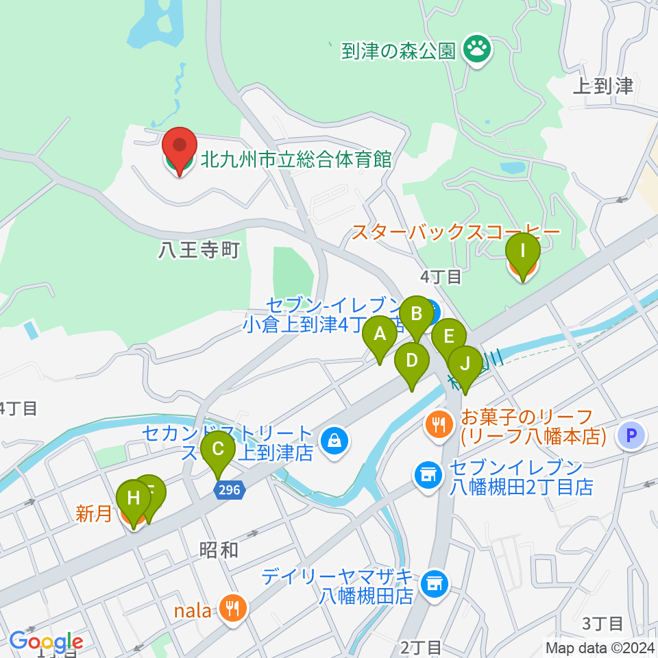 北九州市立総合体育館周辺のファミレス・ファーストフード一覧地図