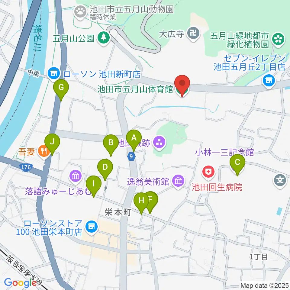 池田市五月山体育館周辺のファミレス・ファーストフード一覧地図