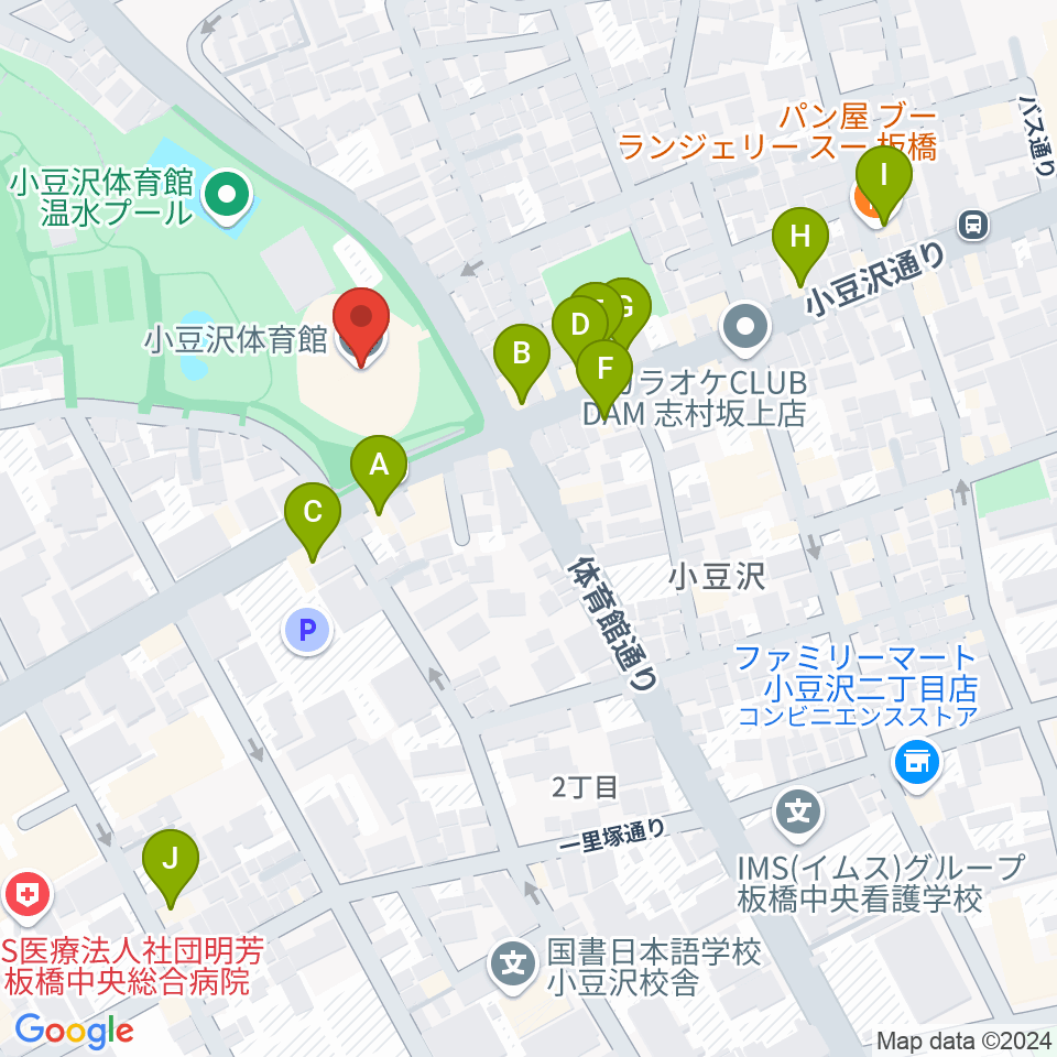 小豆沢体育館周辺のファミレス・ファーストフード一覧地図