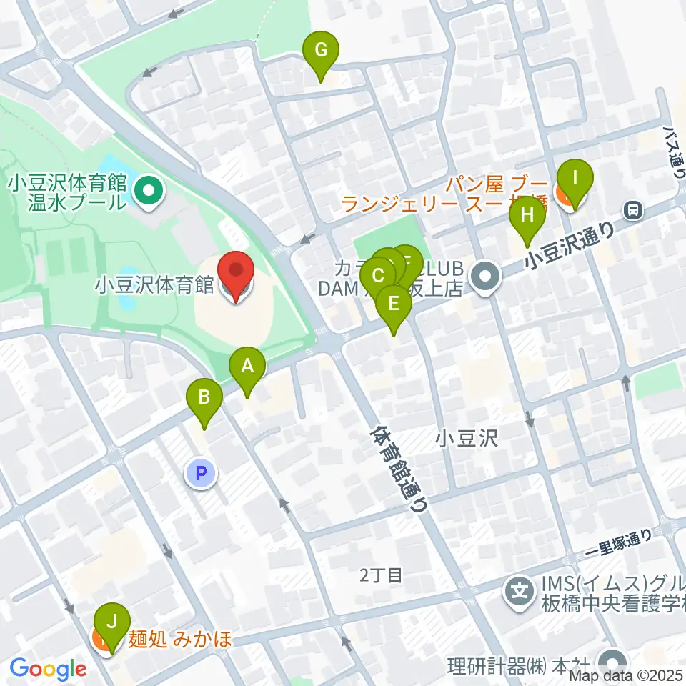 小豆沢体育館周辺のファミレス・ファーストフード一覧地図