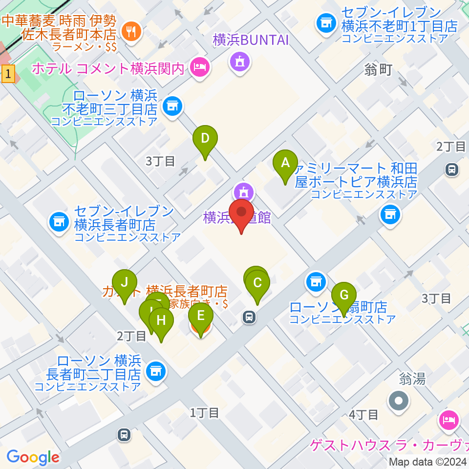 横浜武道館周辺のファミレス・ファーストフード一覧地図