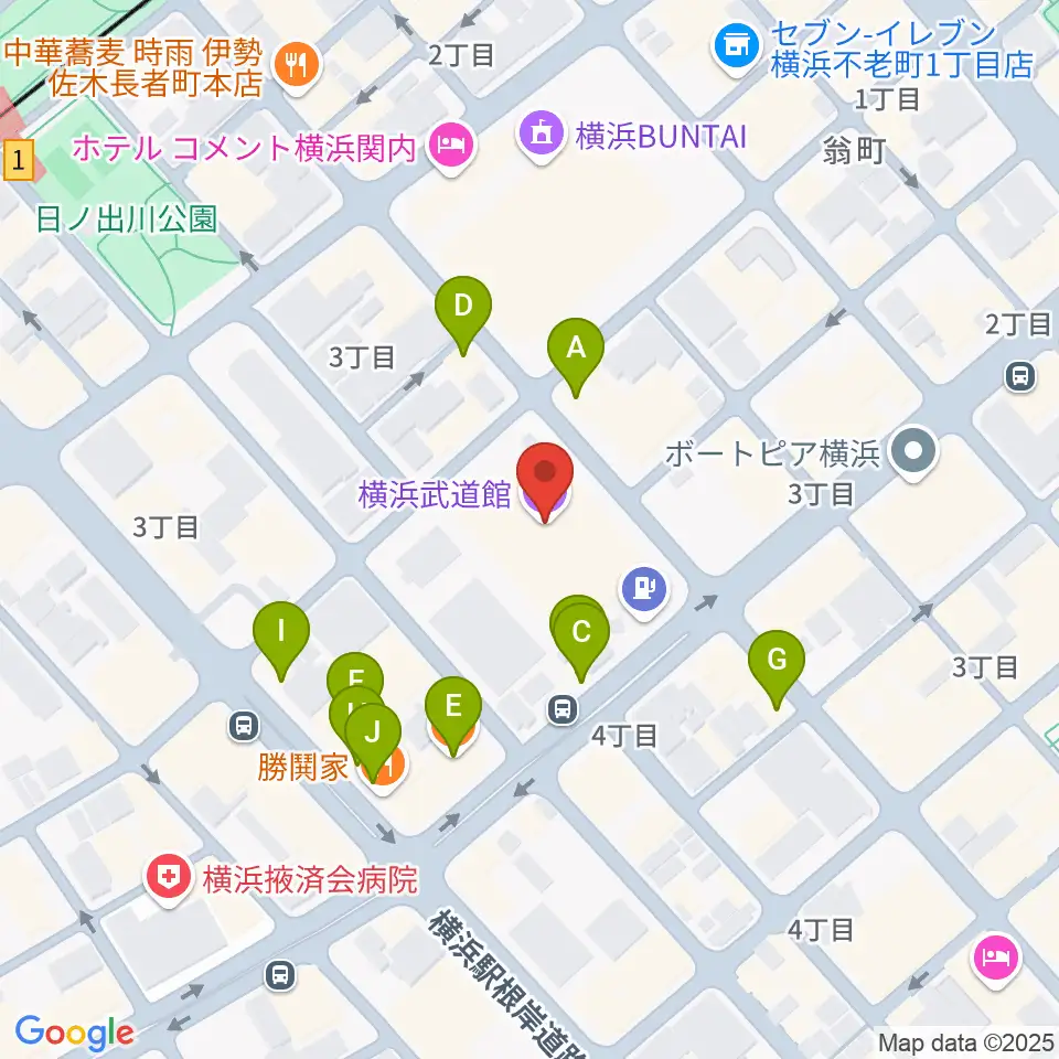 横浜武道館周辺のファミレス・ファーストフード一覧地図