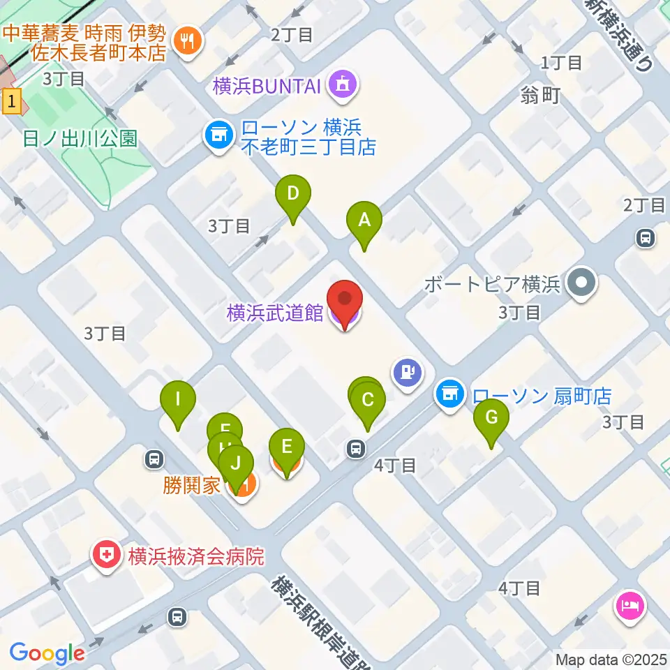 横浜武道館周辺のファミレス・ファーストフード一覧地図