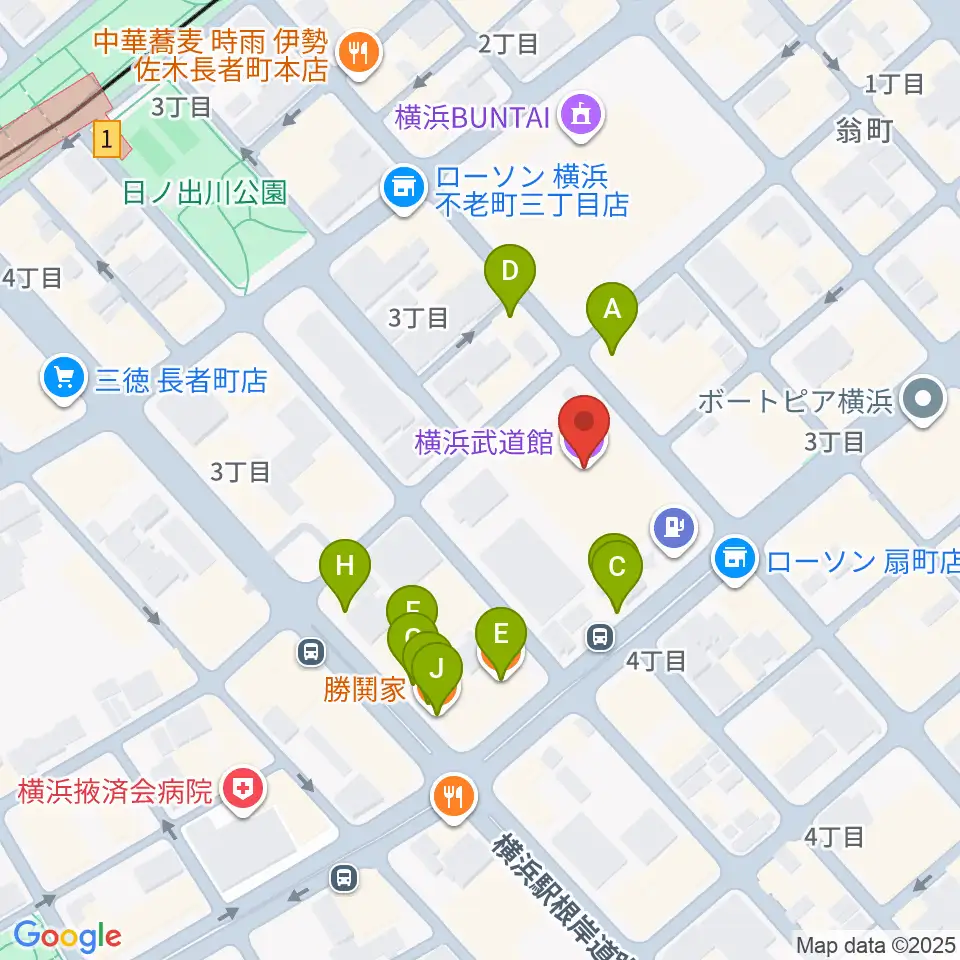 横浜武道館周辺のファミレス・ファーストフード一覧地図