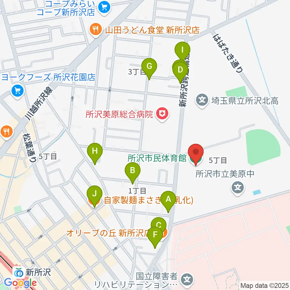 所沢市民体育館周辺のファミレス・ファーストフード一覧地図
