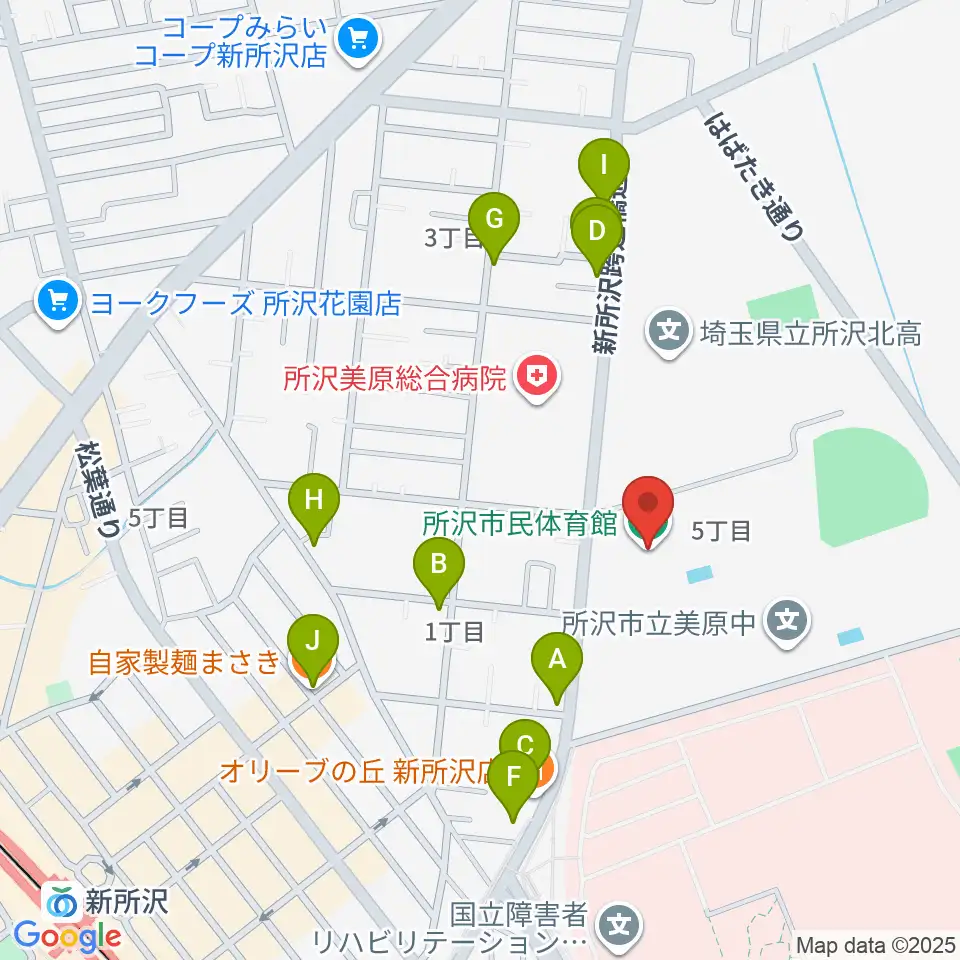 所沢市民体育館周辺のファミレス・ファーストフード一覧地図