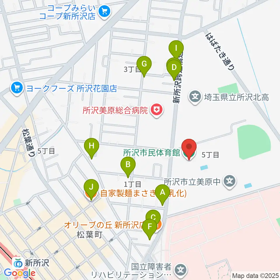 所沢市民体育館周辺のファミレス・ファーストフード一覧地図