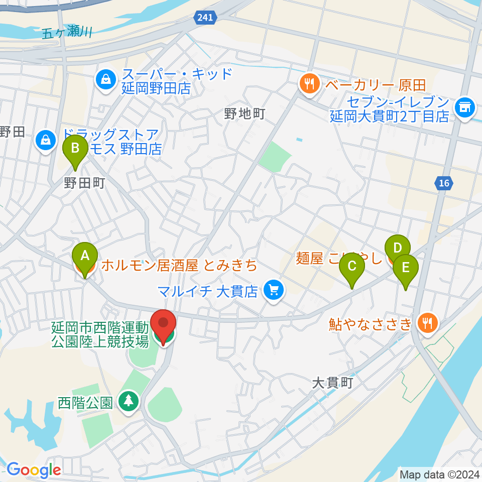 延岡市西階総合運動公園陸上競技場周辺のファミレス・ファーストフード一覧地図