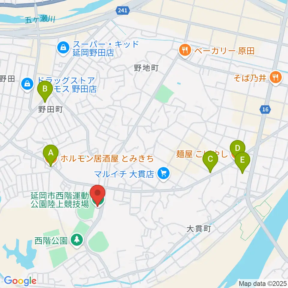 延岡市西階総合運動公園陸上競技場周辺のファミレス・ファーストフード一覧地図