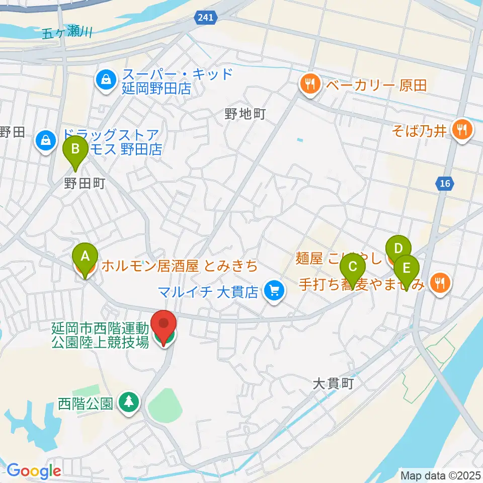 延岡市西階総合運動公園陸上競技場周辺のファミレス・ファーストフード一覧地図