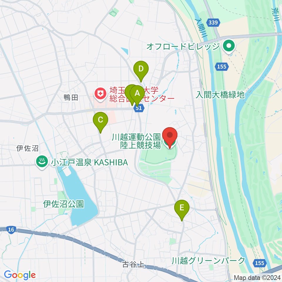 川越運動公園陸上競技場周辺のファミレス・ファーストフード一覧地図